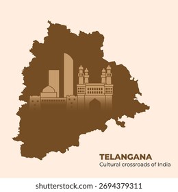 Mapa vetor mínimo de Telangana com charminar e paisagem urbana moderna em um estilo de dupla exposição.