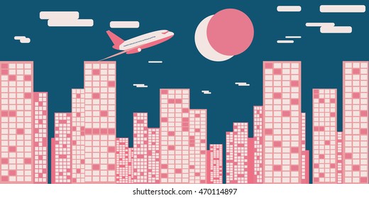 Minimal vector night city, house with airplane in blue sky 