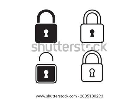 Minimal vector padlock symbols with thick outlines and solid keyholes. Crisp, high-contrast look suited for security themes, privacy branding, and digital interface graphics.