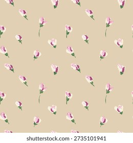 Minimal vector pattern with soft pink floral buds painted in a textured, artistic style on a warm beige background. Elegant, modern, seamless design for fabrics, decor, and stationery