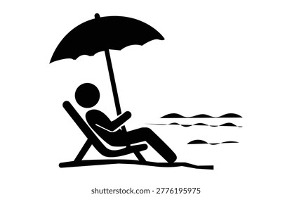 Minimal vector of a person relaxing on a chair under an umbrella by the sea. Represents vacation, leisure time, comfort, and tropical beach lifestyle. Ideal for tourism and holiday relaxation concepts.