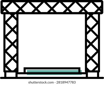 Minimal vector pictogram of an empty concert stage with two vertical truss towers, an overhead aluminum truss and a low performance platform. Suitable for music festivals, live shows, technical production guides, venue maps, event planning documents, stage setup instructions, websites and signage. This isolated icon can represent stage construction, rigging, lighting support, event equipment or an outdoor performance area.