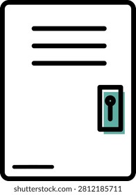 Minimal vector pictogram of a storage locker with ventilation slots and a key lock. Modern black outline and turquoise design suitable for festivals, concerts, schools, gyms, workplaces, changing rooms, stations and public spaces. Ideal for luggage storage, bag storage, secure personal belongings, employee lockers and public locker services. Editable icon isolated on a white background.