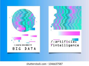 Minimal vector poster set with glitched and distorted geometric figures. Retrowave/ vaporwave 80s-90s aesthetics style.