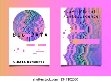 Minimal vector poster set with glitched and distorted geometric figures. Retrowave/ vaporwave 80s-90s aesthetics style.