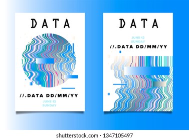 Minimal vector poster set with glitched and distorted geometric figures. Retrowave/ vaporwave 80s-90s aesthetics style.