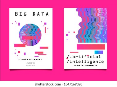 Minimal vector poster set with glitched and distorted geometric figures. Retrowave/ vaporwave 80s-90s aesthetics style.