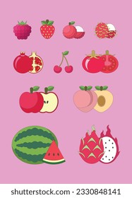 minimal vector rad fruit set including,raspberry strawberry rambutan pomegranate tomato apple peach watermelon 
lychees.