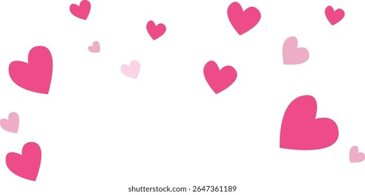 Minimal vector of scattered floating pink hearts in various sizes, ideal for Valentine’s Day, romantic backgrounds, or love-themed designs.