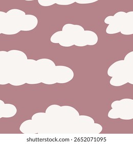Mínimo vetor impressão sem emenda com mão macia desenhado nuvens brancas no fundo rosa silenciado, ideal para roupa de cama, pijamas e tecidos do bebê