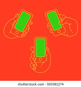 Minimal vector set of hand with touchscreen smartphones. Presentation app of smartphone of character hand. Vector line smartphone in character hand. Vector presentation of smartphone app for store