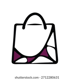Minimal vector shopping bag icon with abstract geometric mosaic pattern in black outline and modern artistic style