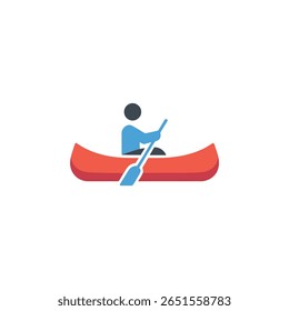 Vetor mínimo mostra uma pessoa azul em uma canoa laranja empunhando uma pá contra um pano de fundo limpo e sereno. A cena engloba recreação e esporte.