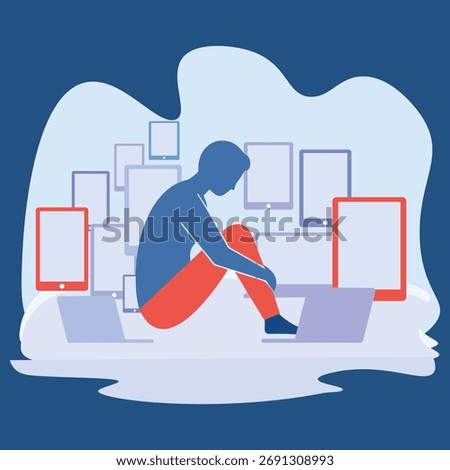 Minimal vector showing a person surrounded by phones, tablets, and laptops, glowing screens highlighting digital loneliness and isolation.