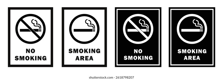  Sinais de vetor mínimos mostrando ícones Sem fumaça e Área de fumaça em temas claros e escuros. Claro, profissional e perfeito para locais públicos, escritórios, hospitais e aeroportos. Cigarro.