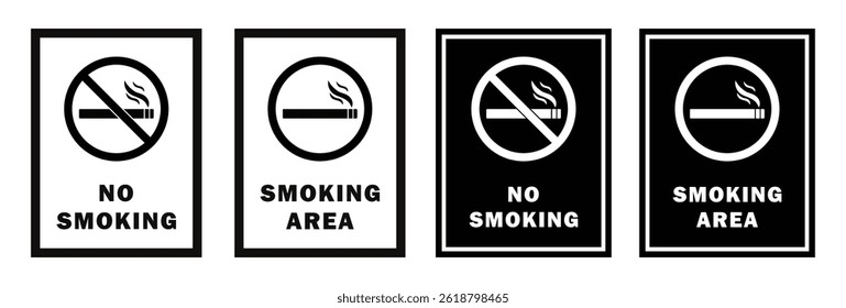 Sinais de vetor mínimos mostrando ícones Sem fumaça e Área de fumaça em temas claros e escuros. Claro, profissional e perfeito para locais públicos, escritórios, hospitais e aeroportos. Vetor, cigarro.