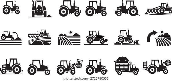 Ícone de silhueta de vetor mínimo conjunto de ações do trator agrícola, incluindo movimento estacionado girando e carregamento de máquinas agrícolas ilustração de fluxo de trabalho	
