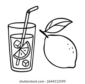 Minimal vector sketch of a lemon with a leaf and a glass of lemonade. Hand-drawn black ink doodle perfect for summer drinks, recipe cards, and organic food branding.