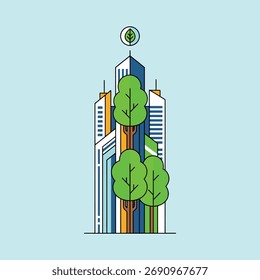 Vetor mínimo de arranha-céus que se fundem com árvores, simbolizando o equilíbrio entre o crescimento urbano e a natureza em um design moderno limpo.