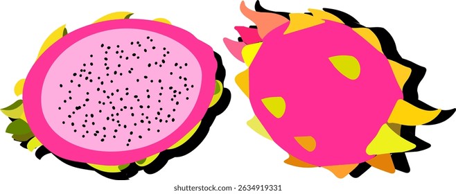 Minimal vector of a sliced and a whole dragon fruit with pink skin and white flesh, flat style perfect for exotic or tropical themes.