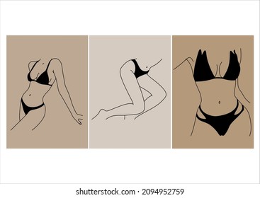 Minimal vector template with faceless woman. Linear beautiful female figure in lingerie and swimsuit on colorful abstract simple shapes. Promotion design for social media, logo for shop, beauty salon.