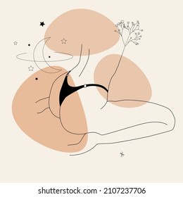 Minimal vector template with faceless woman. Linear beautiful female figure in lingerie on colorful abstract simple shapes. Promotion design for social media, logo for shop, beauty salon.