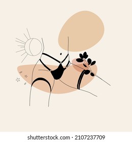 Minimal vector template with faceless woman. Linear beautiful female figure in lingerie on colorful abstract simple shapes. Promotion design for social media, logo for shop, beauty salon.