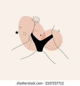 Minimal vector template with faceless woman. Linear beautiful female figure in lingerie on colorful abstract simple shapes. Promotion design for social media, logo for shop, beauty salon.