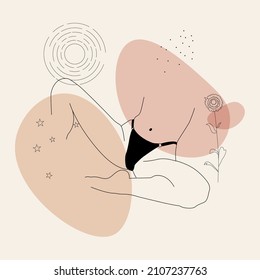 Minimal vector template with faceless woman. Linear beautiful female figure in lingerie on colorful abstract simple shapes. Promotion design for social media, logo for shop, beauty salon.