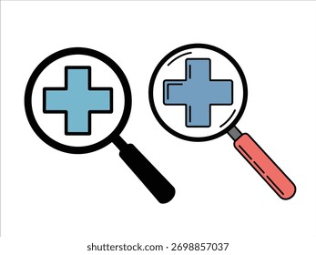 Vetor mínimo de duas lentes de aumento, uma preta e uma vermelha, cada uma contendo uma cruz médica azul. Representa o conceito de pesquisa médica, diagnóstico e investigação do sistema de saúde no design plano.
