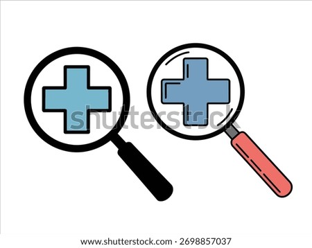 Minimal vector of two magnifying glasses, one black and one red, each containing a blue medical cross. Represents medical search, diagnosis, and healthcare investigation concept in flat design.