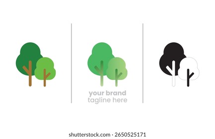 Vector mínimo de dos árboles estilizados en verdes ricos, que representan la reforestación, la plantación de árboles y proyectos ecológicos para iniciativas o marcas amigables con el clima.