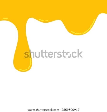 A minimal vector-style illustration featuring a smooth yellow dripping liquid effect on a white background. The abstract fluid design resembles cheese, honey, mustard, or paint.