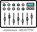 Minimal vector-style pictogram of an audio mixing console with faders, control knobs and a digital screen. Black outlines and turquoise accents on a white background. Ideal for concerts, festivals, recording studios, DJ events, sound engineering, music production and signage.