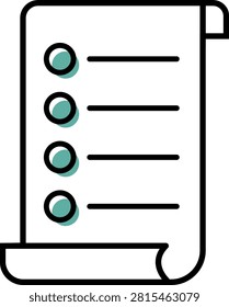 Minimal vector-style pictogram of an event program or schedule displayed as a bulleted list on a rolled paper document. Generic illustration for planning dates, times, activities, sessions, performances and tasks. Suitable for music festivals, concerts, conferences, trade shows, ceremonies, meetings, venue guides, event apps, websites, printed agendas and organizational materials. The isolated icon can also represent a timetable, itinerary, rundown, workflow or list of upcoming activities.