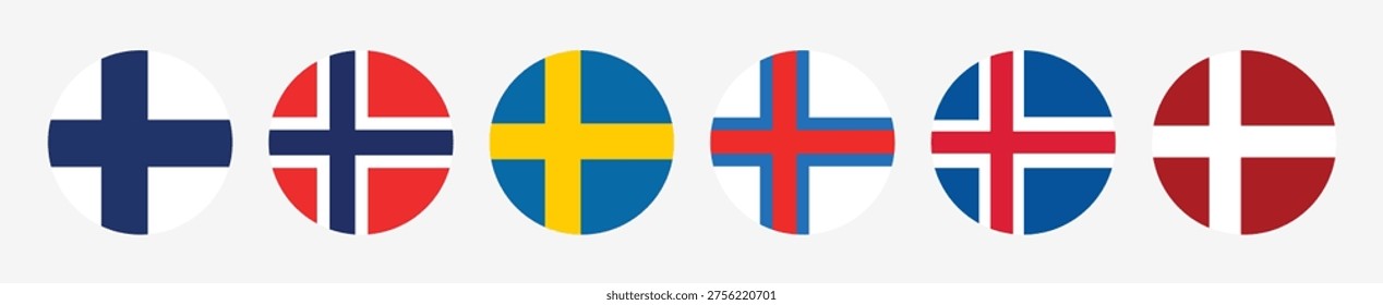 Minimal vector-style set of circular national flags representing Nordic and Scandinavian countries including Finland, Norway, Sweden, Iceland, Denmark, and Faroe Islands.