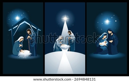 Minimal Vertical Nativity Illustrations – Modern Holy Family Christmas Art. Set of three minimal vertical nativity illustrations. Modern style made for mobile use, greeting cards etc.