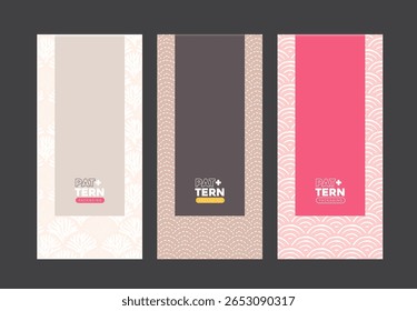 Minimal vertical packaging templates with Japanese inspired abstract patterns in beige brown and pink tones