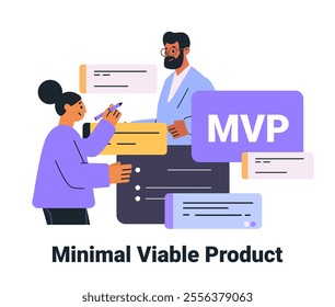 Minimal Viable Product concept teamwork characters collaborating colorful elements abstract design