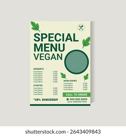 Une template de flyer minimaliste et dynamique pour les promotions de restaurants végétaliens ou à base de plantes. Dispose d'une disposition de menu alimentaire avec des sections pour les desserts, les entrées et les plats principaux. Inclut l'appel à l'action.