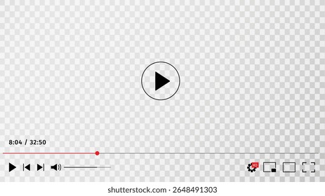 Minimal video player interface template with transparent background, black and red color scheme, flat style controls and modern UX design. Ideal for apps, UI kits, web design, multimedia presentations