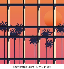 Minimal view of the coconut tree out side the building in sillhouate style with iron frame glasses window while the sun set in summer time with some shadow