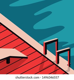 Minimal view of the landscape side of swimming pool in blue - orange color tone