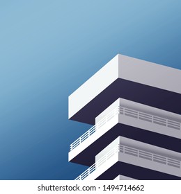 The minimal view of the modern style high-rise building with balcony in grey over the blue sky with copy space on the sky