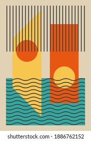 Minimal vintage 20s geometric design poster, vector template with sun phases and stripes pattern, rectangles design modern hipster style. Wall decoration. Art print. Bauhaus.