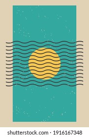 Minimal vintage 20s geometric design poster, vector template with sun and sea stripes pattern, rectangles design modern hipster style. Wall decoration. Art print. Bauhaus.