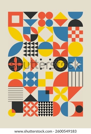 Minimal vintage 20s geometric design posters, wall art, template, layout with primitive shapes elements. Bauhaus retro pattern background, vector abstract circle, triangle and square line art
