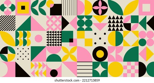 Diseño de patrones sin fisuras geométrico vintage mínimo de los años 20 con elementos de formas primitivas para impresión, textil. Fondo retro Bauhaus, círculo abstracto vectorial plano, arte triangular y cuadrado.