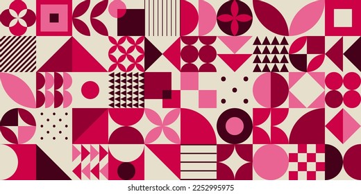 Minimal vintage 20s geometric vintage seamless pattern design in magenta color for print, textile. Bauhaus retro background, vector flat abstract circle, triangle and square line art.	
