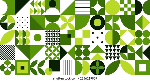 Minimal vintage 20s geometric vintage seamless pattern design in green eco organic color for print, textile. Bauhaus retro background, vector flat abstract circle, triangle and square line art.	
